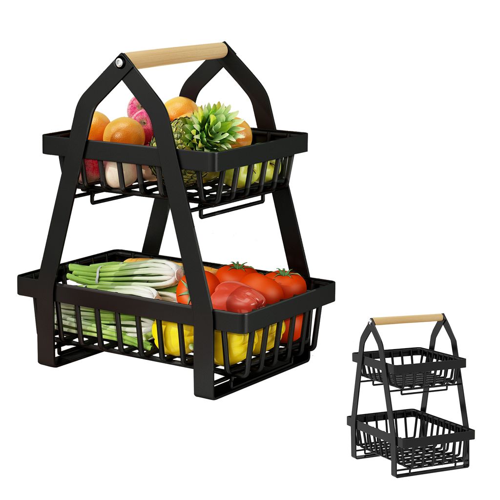Obstkorb 2-stöckig Schwarz - Mit Bananenaufhänger & Abnehmbaren Etagen