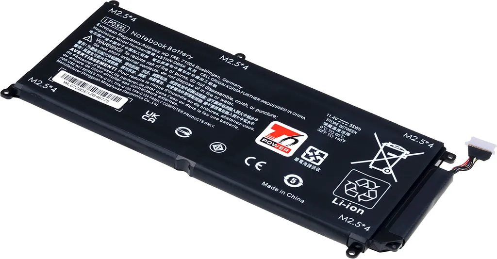 Batteria T6 Power per laptop Hewlett Packard, numero di parte LP03055XL, Li-Poly, 11,4 V, 4800 mAh (55 Wh), nero