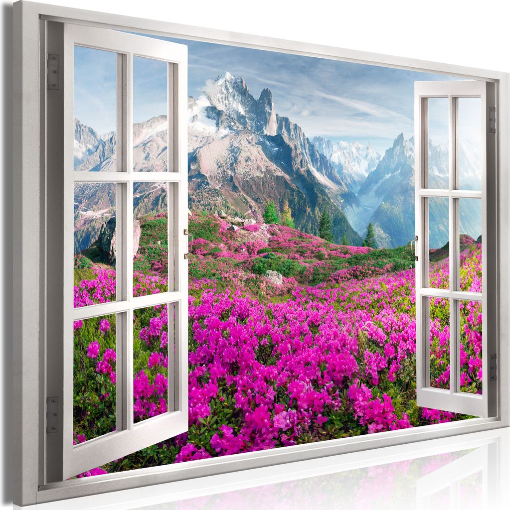 Modernes Wandbild Fensterblick 120x80 - 1 Teile Bilder Fotografie auf Vlies Leinwand Foto Bild Dekoration Wand Bilder Kunstdruck Gebirge Berge Natu...