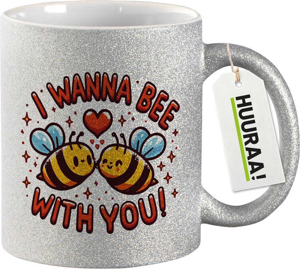 Huuraa Glitzertasse Wanna Bee with you. Bienen 330ml Silber Keramik Kaffeebecher Geschenkidee