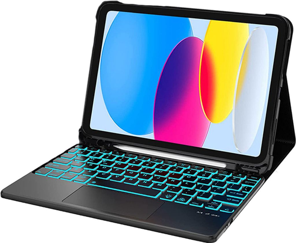 A black tablet case with a keyboard and touchpad, attached to a tablet displaying a colorful abstract image.