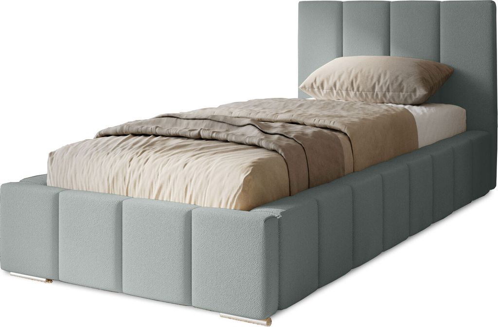 Polsterbett Menos 90x200 cm, Bett mit Kopfteil, Bettkasten und Lattenrost aus Holz, Velourstoff: Grau