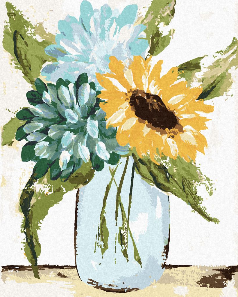 Zuty - Malen nach Zahlen - HORTENSIEN UND SONNENBLUMEN IN EINER VASE 2 (HALEY BUSCH), 40x50 cm, ohne Keilrahmen