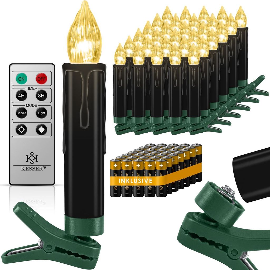 A collection of battery-operated LED Christmas tree candles with a remote control and batteries, arranged on a white background.