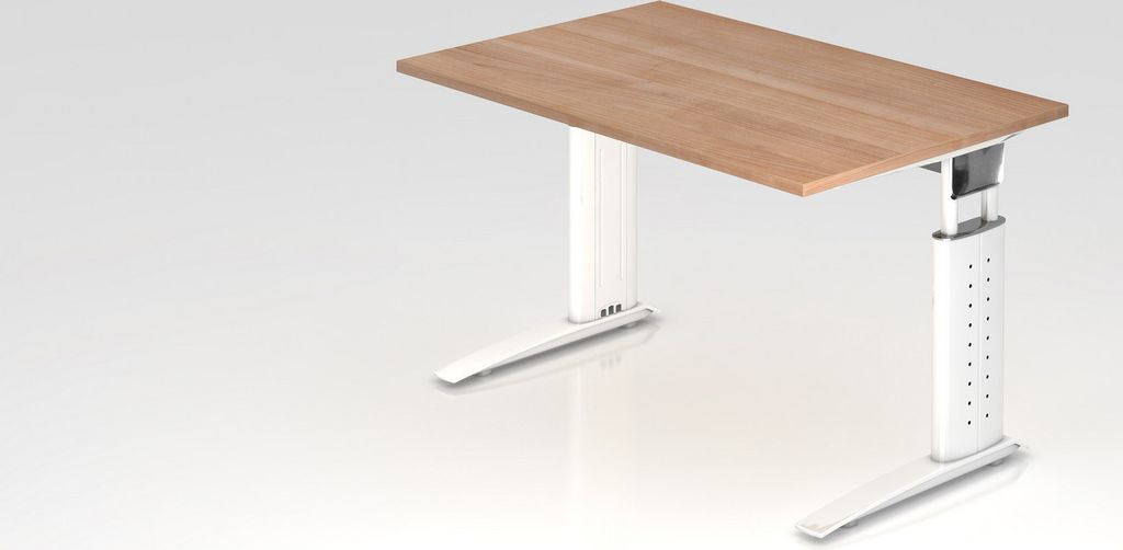 Schreibtisch Mauri | Nussbaum | Weißes Gestell | BxT 120x80cm | Arbeitshöhe 68-86cm | höhenjustierbar, 2cm Raster | C-Fuß-Gestell | Rechteckform