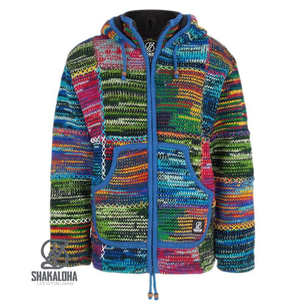 Shakaloha Gestrickte Wollweste Patch ZH Mehrfarbiges Fell mit Fleecefutter und abnehmbarer Kapuze – Damen – Handgefertigt in Nepal aus Schafwolle
