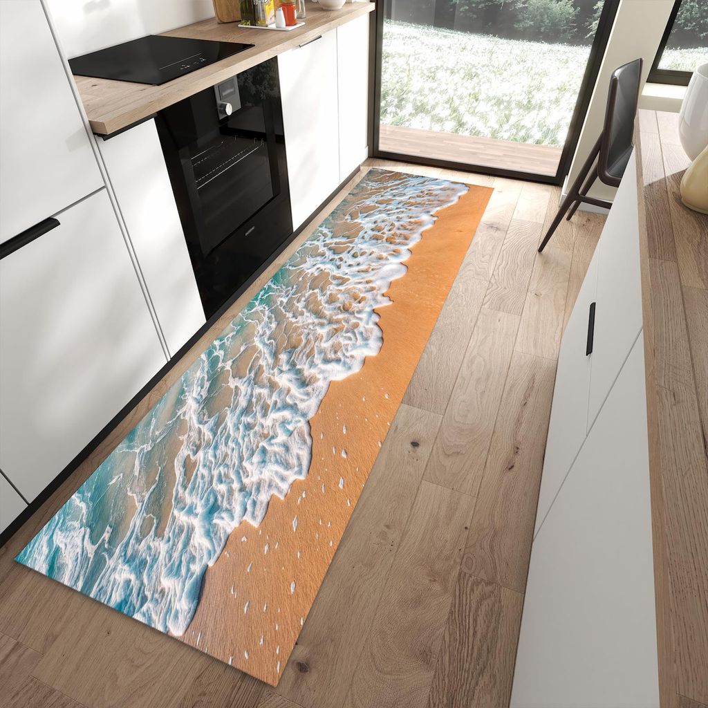 Küchenteppich 80x280cm rutschfest & abwischbar PVC Läufer - Strand und Wellen