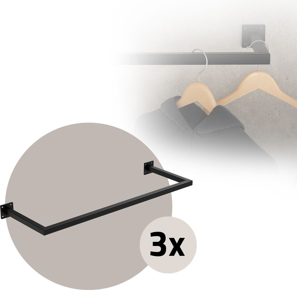 ML-Design 3er Set Kleiderstange Rechteck für die Wand, 30x90 cm, Schwarz, aus Stahl, Garderobenstange U-Form, inkl. Montagematerial