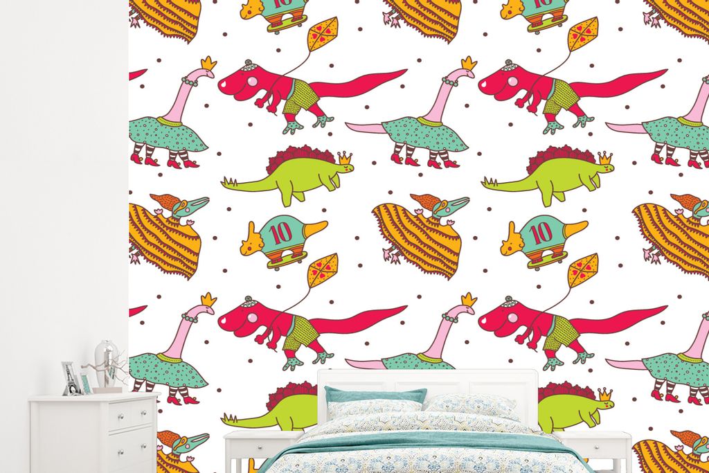 MuchoWow Fototapete für Wohnzimmer oder Schlafzimmer Wandtapete Vinyl Motivtapete Muster - Dino - Farben - Jungen - Kinder - Kind - 265x240 cm -...