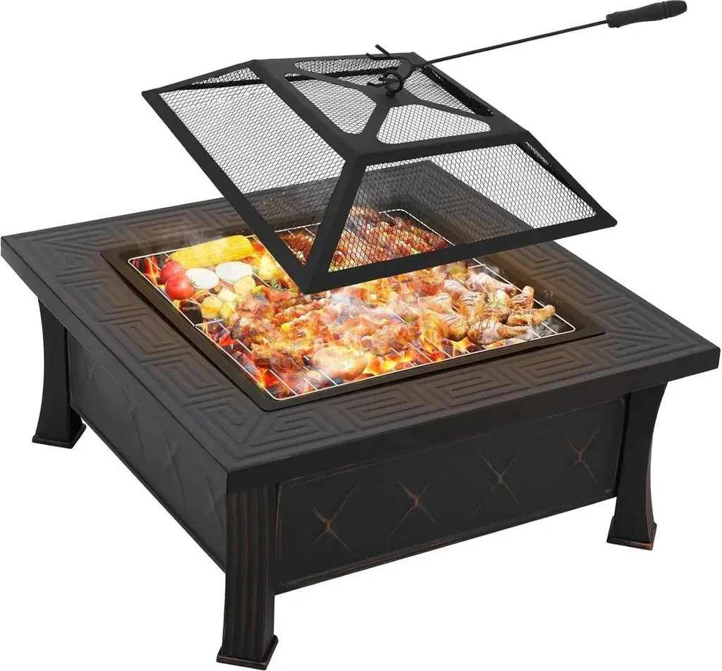 Bac à feu 3 en 1 avec grille de cuisson et pare-étincelles métal 81cm