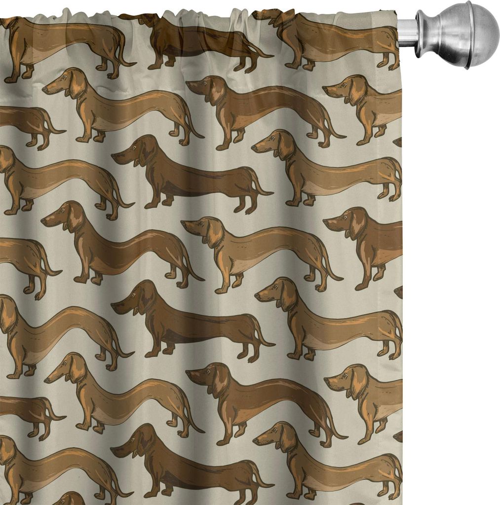 ABAKUHAUS Dackel Vorhänge, Gardinen, Kontinuierliche Muster mit reizender Haustier-Wurst-Hundeliebhaber-Druck, 2 Stück 75 x 175 cm, Grau Gelb Sch...