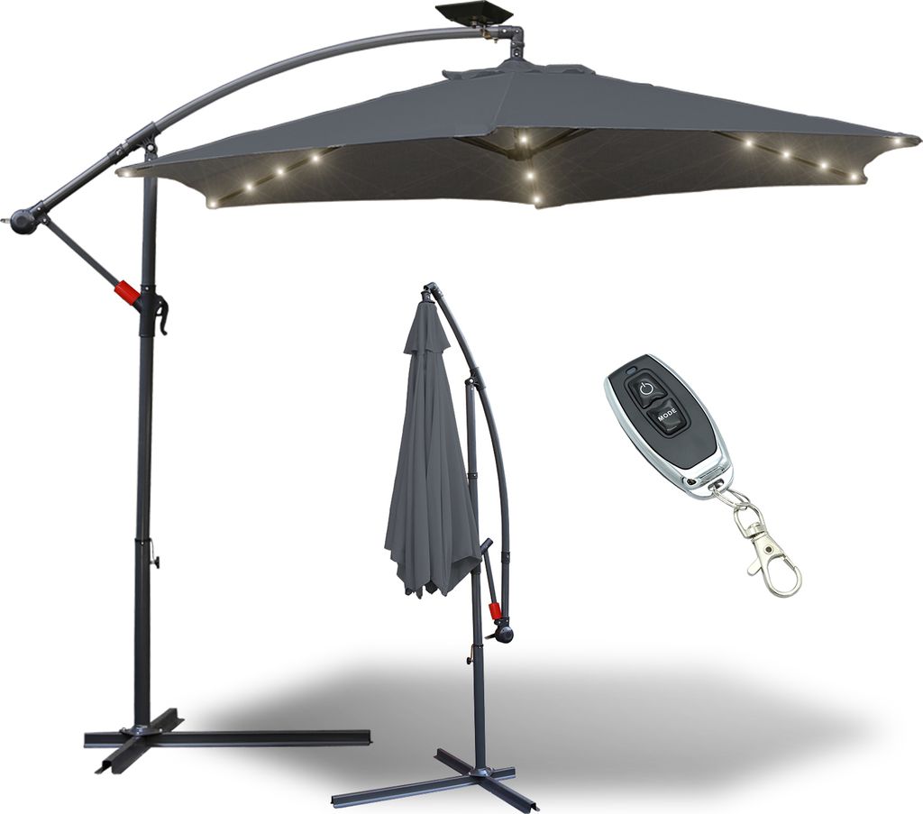 Jiubiaz Sonnenschirm mit LED Beleuchtung Ampelschirm 350cm - Sonnenschutz, Gartenschirm - Grau