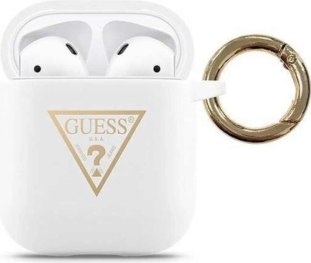 Custodia Guess AirPods 1/2 Silicone Bianco con Logo Triangolo Oro
