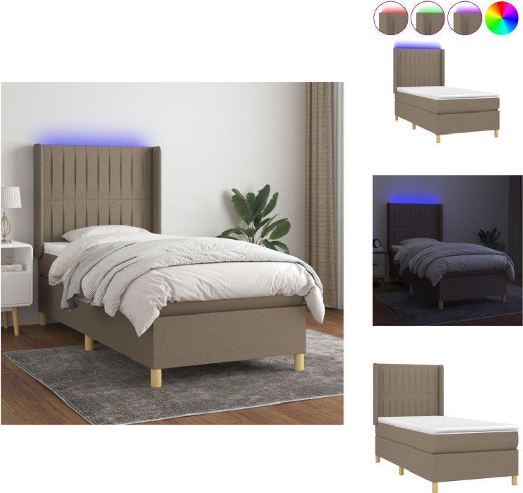vidaXL Boxspringbett mit Matratze & LED Taupe 90x200 cm Stoff - Betten & Bettgestelle