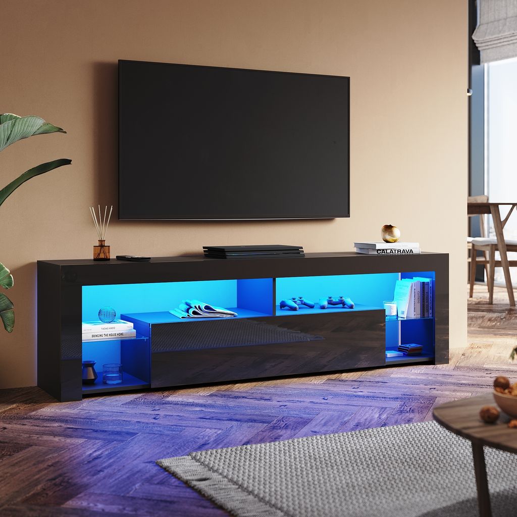 SONNI TV-Schrank Schwarz Hochglanz 180 x 39 x 30cm Ausgestattet mit RGB-Lichtleiste und Aufbewahrungsschrank