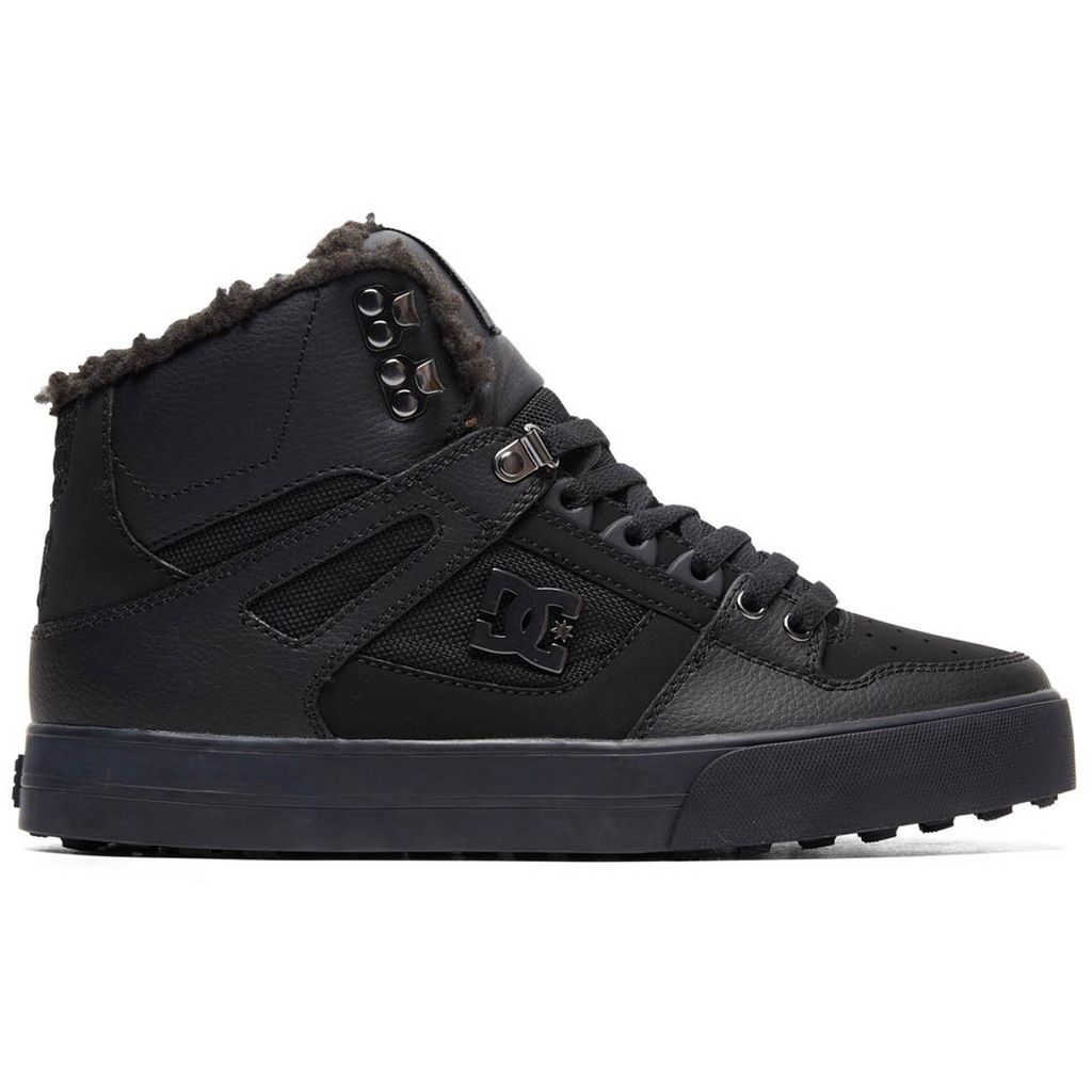 A studio shot of a black high-top sneaker.