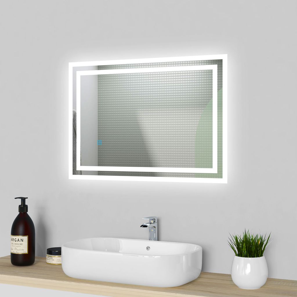 Badezimmerspiegel mit Beleuchtung 80x60/90x70 Led Spiegel Touch Uhr  Beschlagfrei