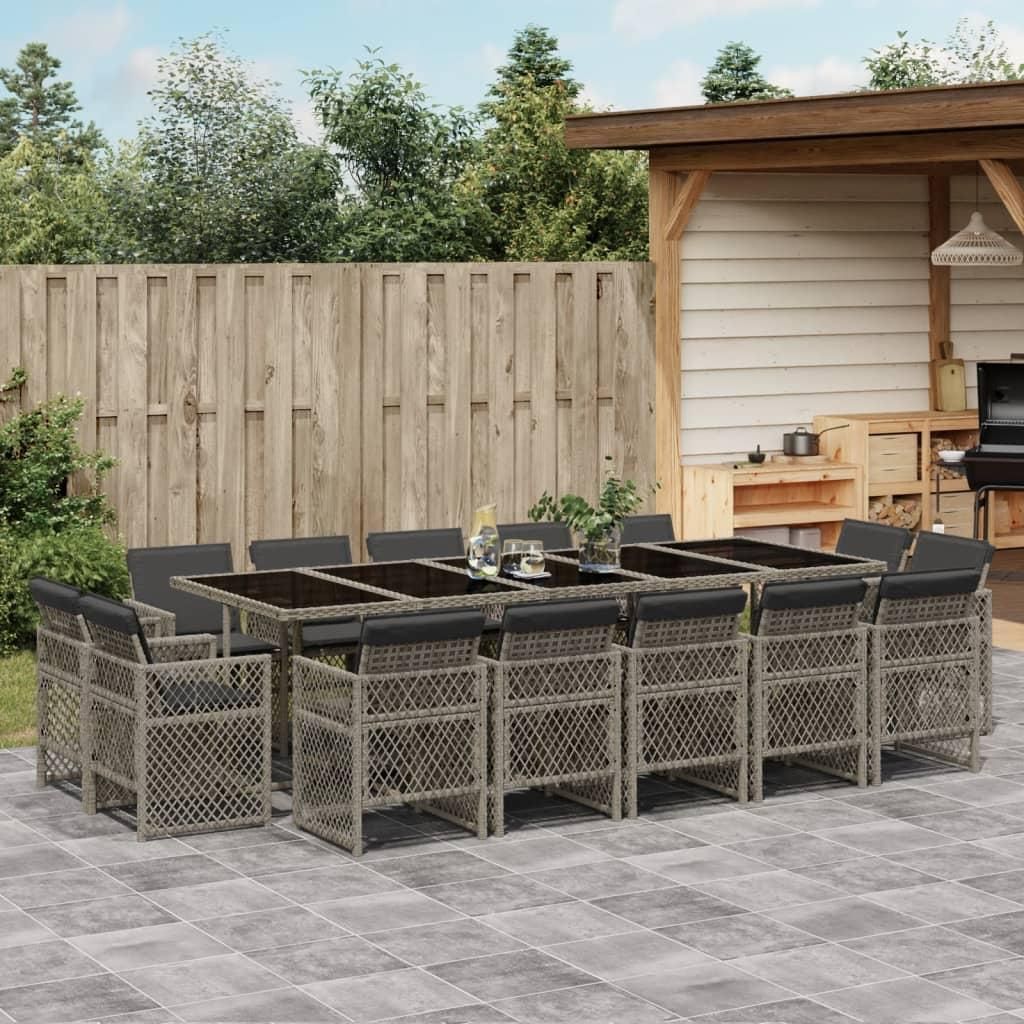 Möbel 15-tlg. Garten-Essgruppe mit Kissen Grau Poly Rattan - Gartenmöbelgarnituren 3210872