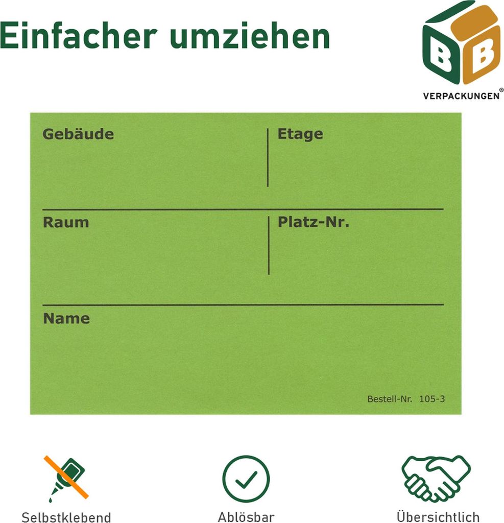 1000 x Umzugsetiketten (105 x 75 mm) grün selbstklebend Rückstandlos ablösbar Kartonaufkleber Sticker Umzugsaufkleber beschriften BB-Verpackungen