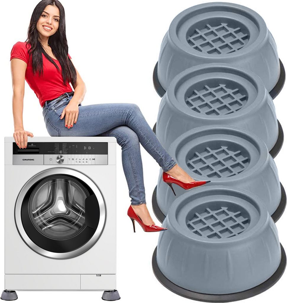 A woman is sitting on a washing machine, with a set of anti-vibration pads next to it.