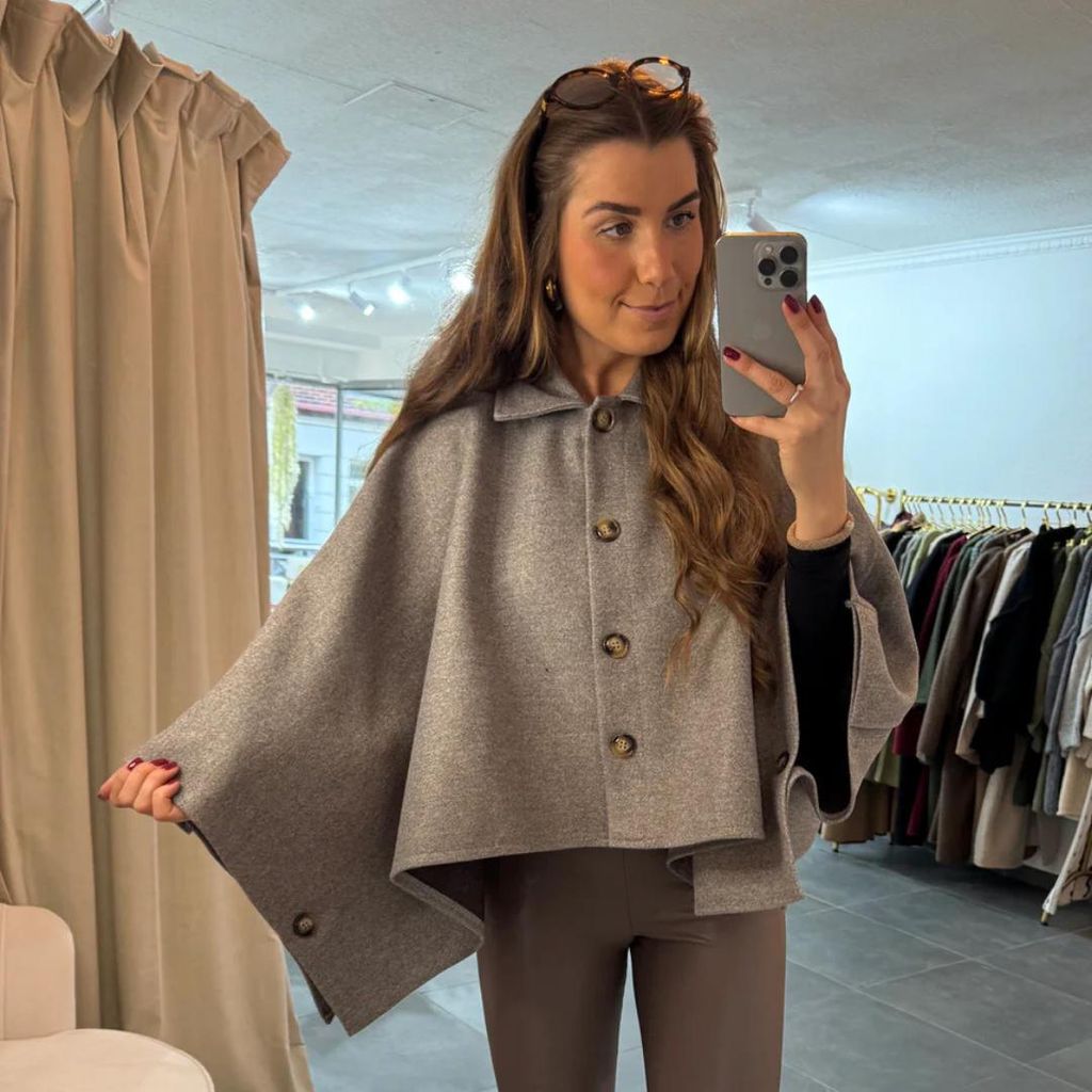 Cape Poncho "Katrin" Grau, Onesize (XS-XL) für Damen Poncho, Übergroßer Cape für den Herbst und Winter Frauen Cape Wintercape mit Knöpfen Cape...