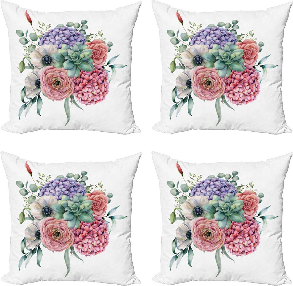 ABAKUHAUS Pflanze Aquarell Kissenbezug Set (4 Stück), Hortensien Blumenstrauß, Moderner Doppelseitiger Digitaldruck, 45 cm x 45 cm, Mehrfarbig