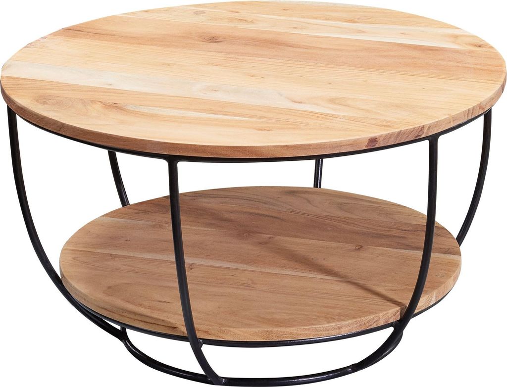 Runder Couchtisch Akazie Massivholz Metall Industrial Braun mit schwarzem Gestell und Ablage in Gesamtansicht.