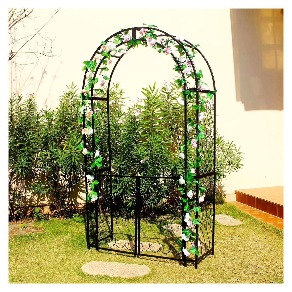 Garten Rosenlaubengarten mit Tor, 212 x 124 x 47 cm, gebogener Rosenbogen aus Eisen, romantisches Gartenspalier für Kletterpflanzen, Jasminbögen ...