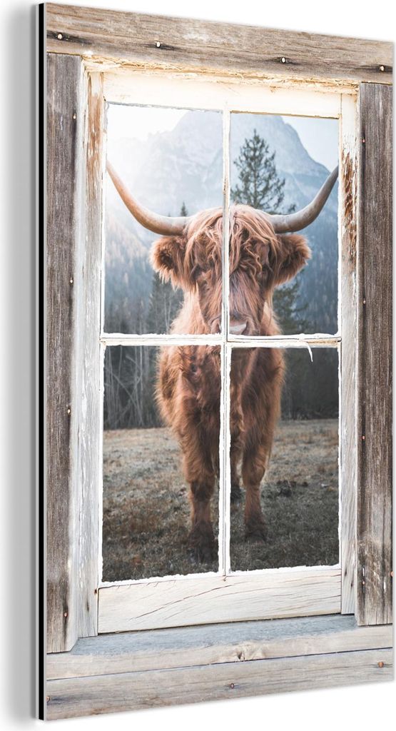 MuchoWow Wanddekoration Metall Metallbild Wandkunst 100x150 cm Schottisches Hochlandrind - Kuh - Ansicht MuchoWow Aluminium Gemälde - Bild