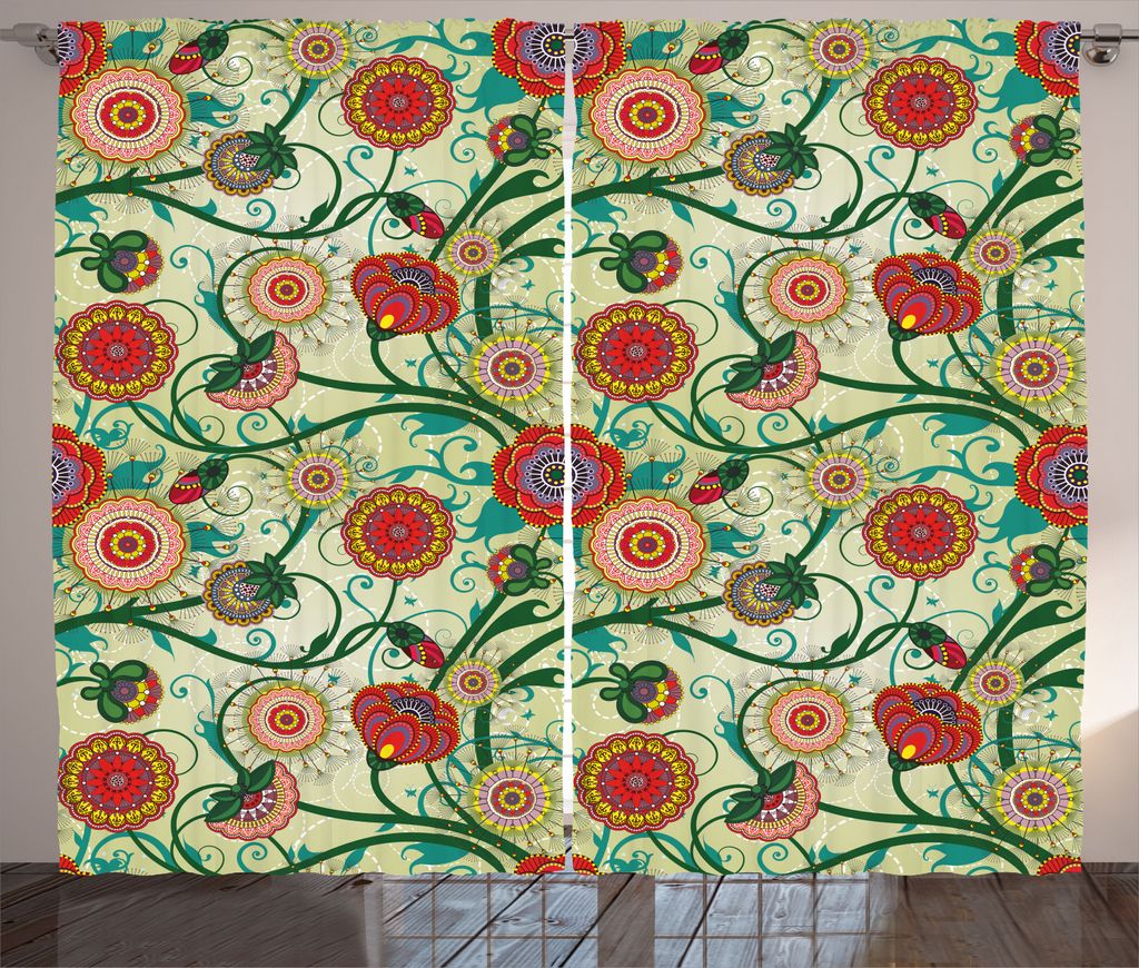 ABAKUHAUS Blumen Rustikaler Gardine, Vintage Bunt Verziert, Schlafzimmer Kräuselband Vorhang mit Schlaufen und Haken, 280 x 245 cm, Mehrfarbig