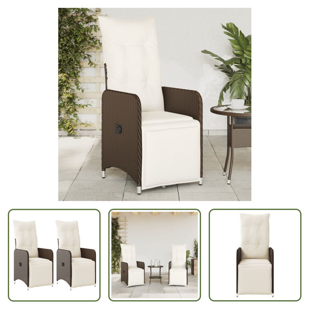 The Living Store Gartensessel mit Kissen 2 Stk. Verstellbar Braun Poly Rattan