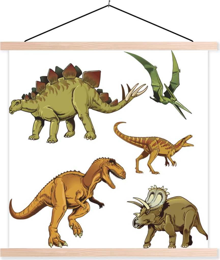 MuchoWow Textilposter Dinosaurier - Zeichnung - Jungen - Kinder 120x120 cm mit holzfarbenen Rahmen - Textil-Poster