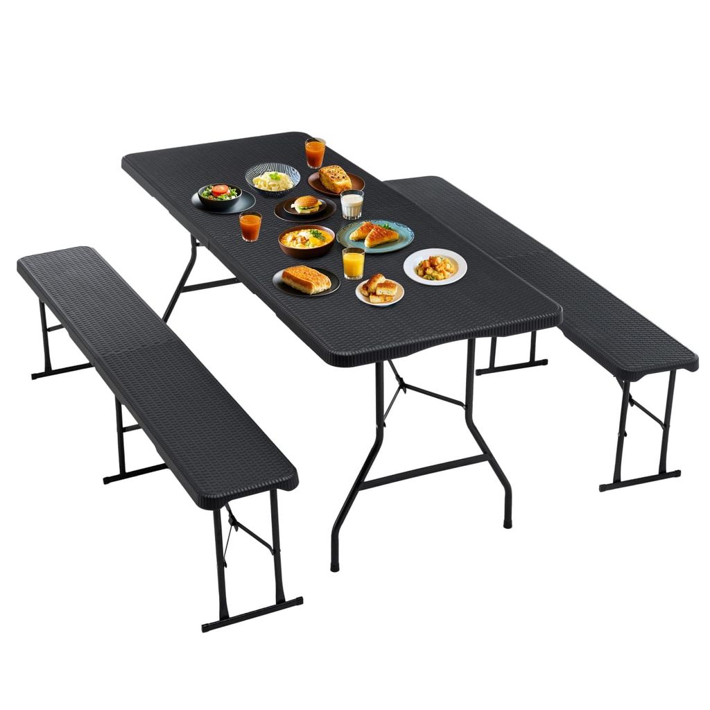 Bierzeltgarnitur klappbar 3-teilig Set, 180x70 cm Kunststoff Campingtisch Gartentisch für bis zu 8 Personen, Schwarz