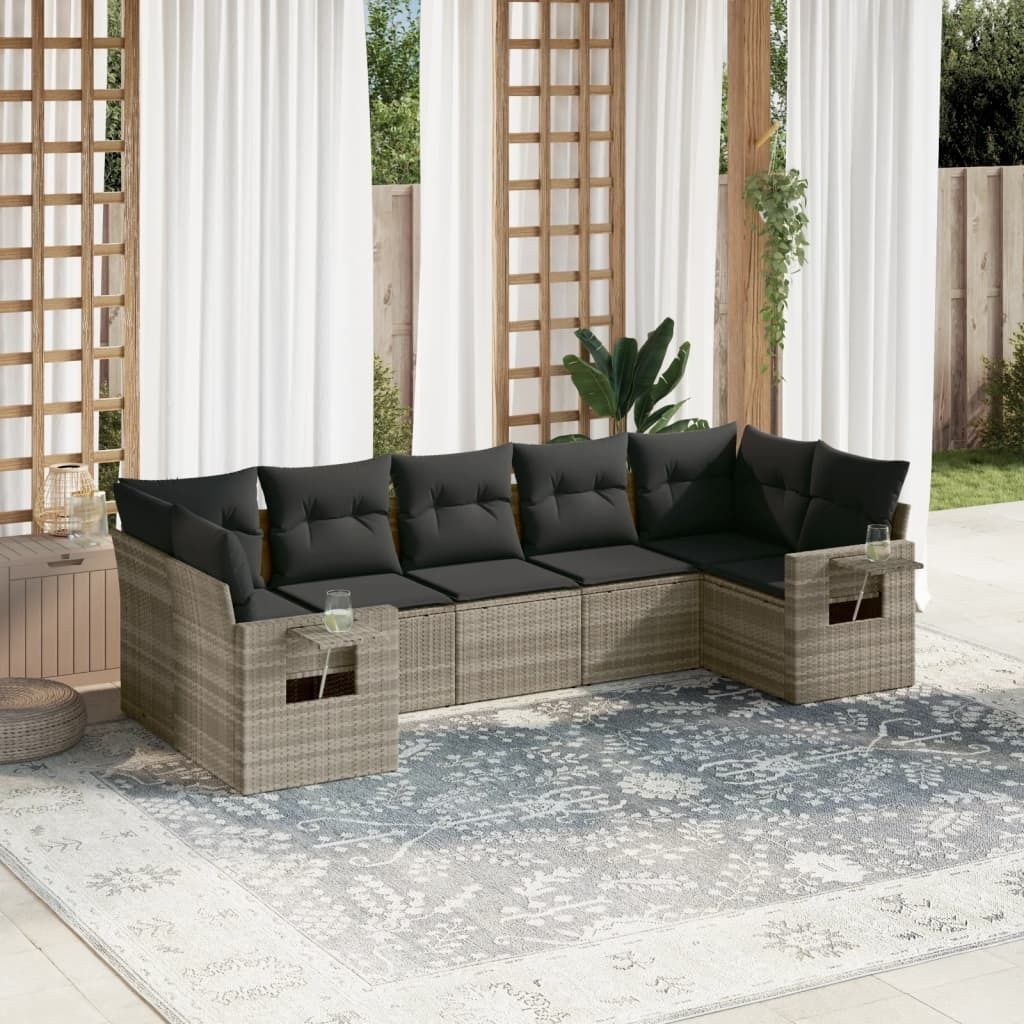 Industrie-Stil 7-tlg. Garten-Sofagarnitur Sofa Set mit Kissen Hellgrau Poly Rattan Terrassenmöbel2024 cloris