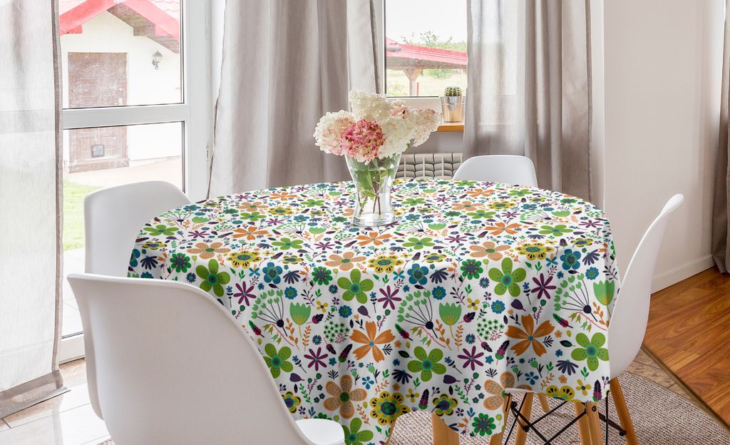 ABAKUHAUS Blume Runde Tischdecke, Spitz Petals Blumenkunst, Kreis Tischdecke Abdeckung für Esszimmer Küche Dekoration, 150 cm, weiß Multicolor