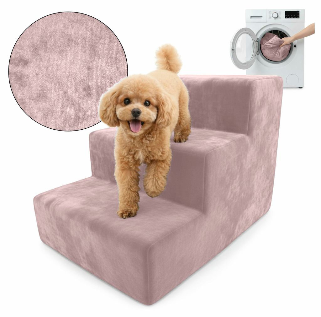 Muralo Treppe für Hund und Katze Rampe HUNDETREPPE Treppe für Haustiere 3 Stufen Rosa Magic Velvet Stoff
