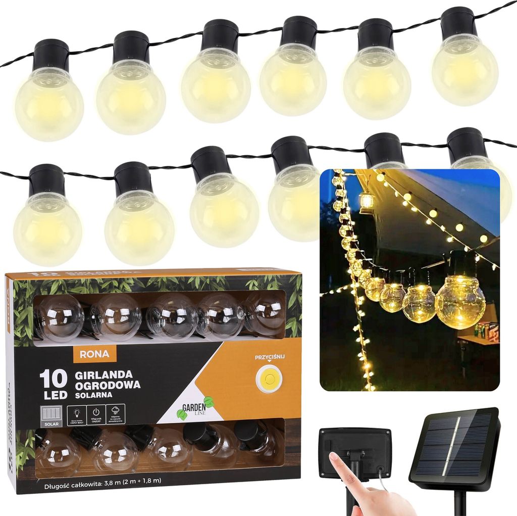 Solar-Gartengirlande 10 LED, Lichterkette 3,8m