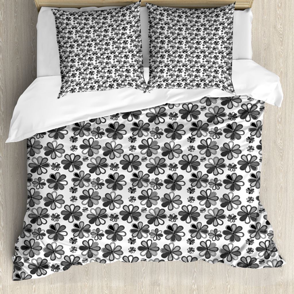 ABAKUHAUS Blumen Bettbezug Set für Einzelbetten, Graustufen- Retro Petals, Milbensicher Allergiker geeignet mit Kissenbezug, 155 cm x 220 cm - 80 ...