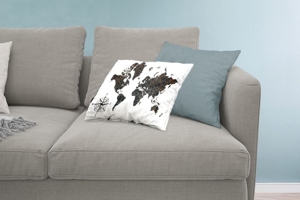 MuchoWow Zierkissen Sofakissen Wohnzimmer Dekokissen 60x40 cm Weltkarte - Schwarz - Weiß - Kupfer - Kopfkissen - Polster mit Foto
