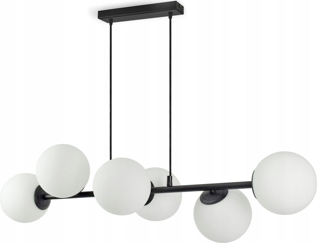 A modern black chandelier with six white glass globe shades, suspended from a black rectangular ceiling mount.