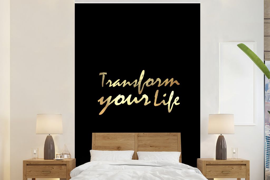 MuchoWow Fototapete für Wohnzimmer oder Schlafzimmer Wandtapete Vinyl Motivtapete Zitat - Leben - Gold - Schwarz - 160x240 cm - Vinyltapete