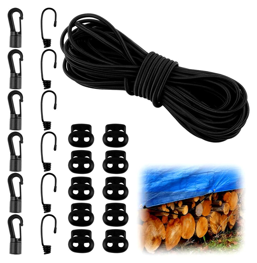 Gummiseil 5 mm x 15 m, elastisches Expanderseil mit Spiralhaken, Kunststoffhaken und Kordelstopper, schwarze Gummikordel für Anhängerplane, Sonne...