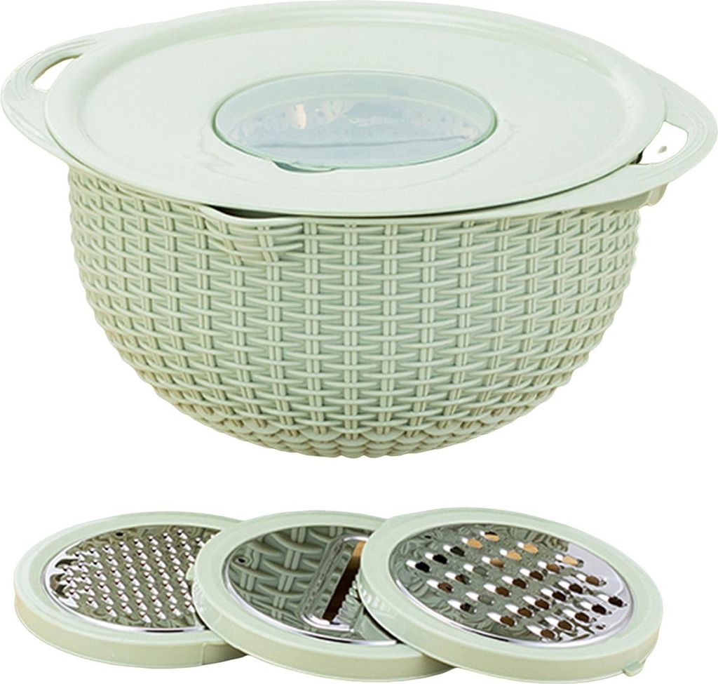 Lebensmittelsieb mit Rührschüssel, multifunktionales Edelstahlsieb, Obstreiniger mit 3 Schneidklingen, Lebensmittelschneider, Reibe, Küchenhelfer