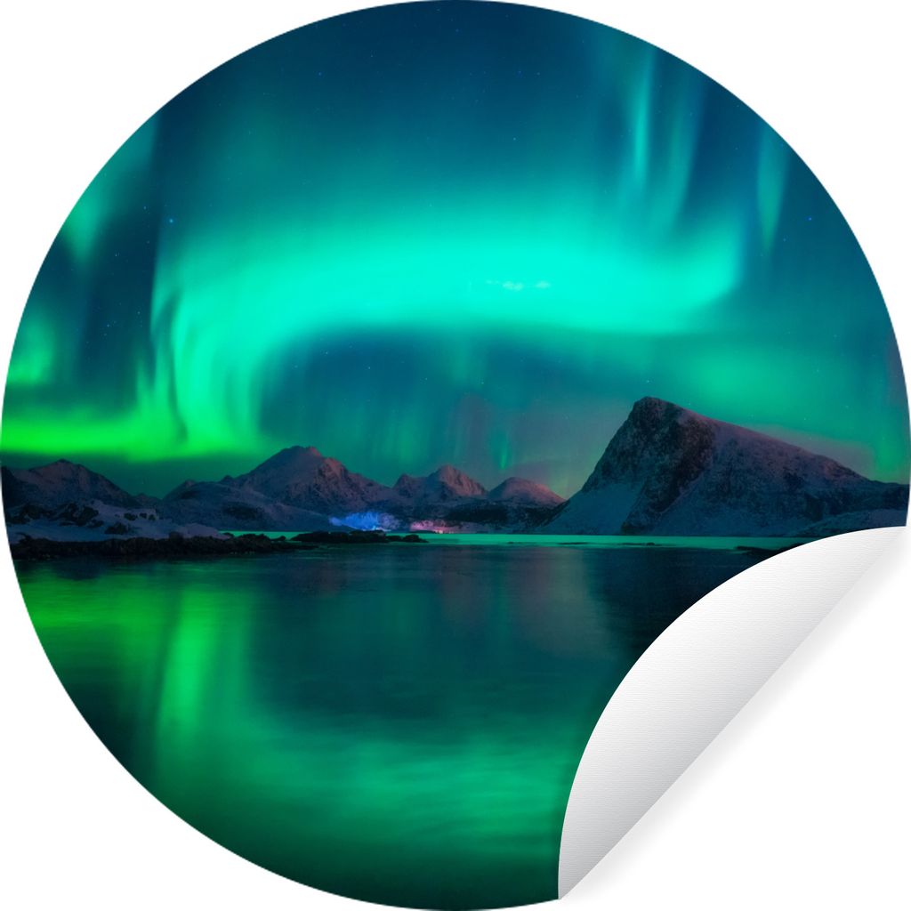 MuchoWow Runde Wandtattoo - Wandsticker Tapete Aufkleber Nordlichter - Berge - Norwegen Ø 30 cm Selbstklebend und Repositionierbar - Wandaufkleb...