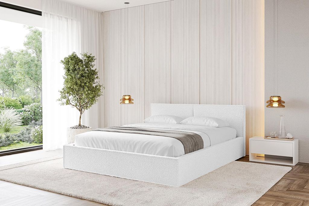 ALTDECOR Polsterbett mit Bettkasten - EMMI-v1 - 200x200 Weiß - Bett mit Matratze H3/H4, Kopfteil, Boxbett, Doppelbett mit Stauraum