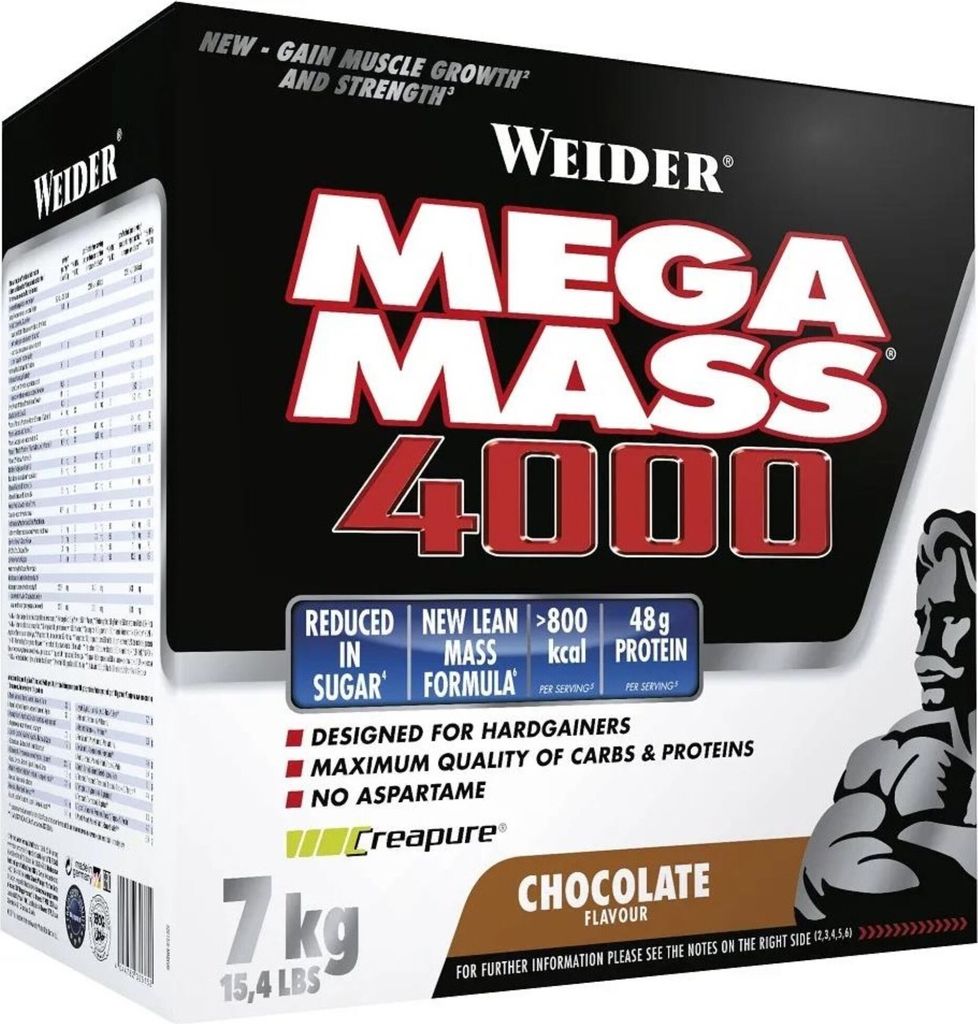 A product box for Weider Mega Mass 4000, a weight gainer supplement, in chocolate flavor.