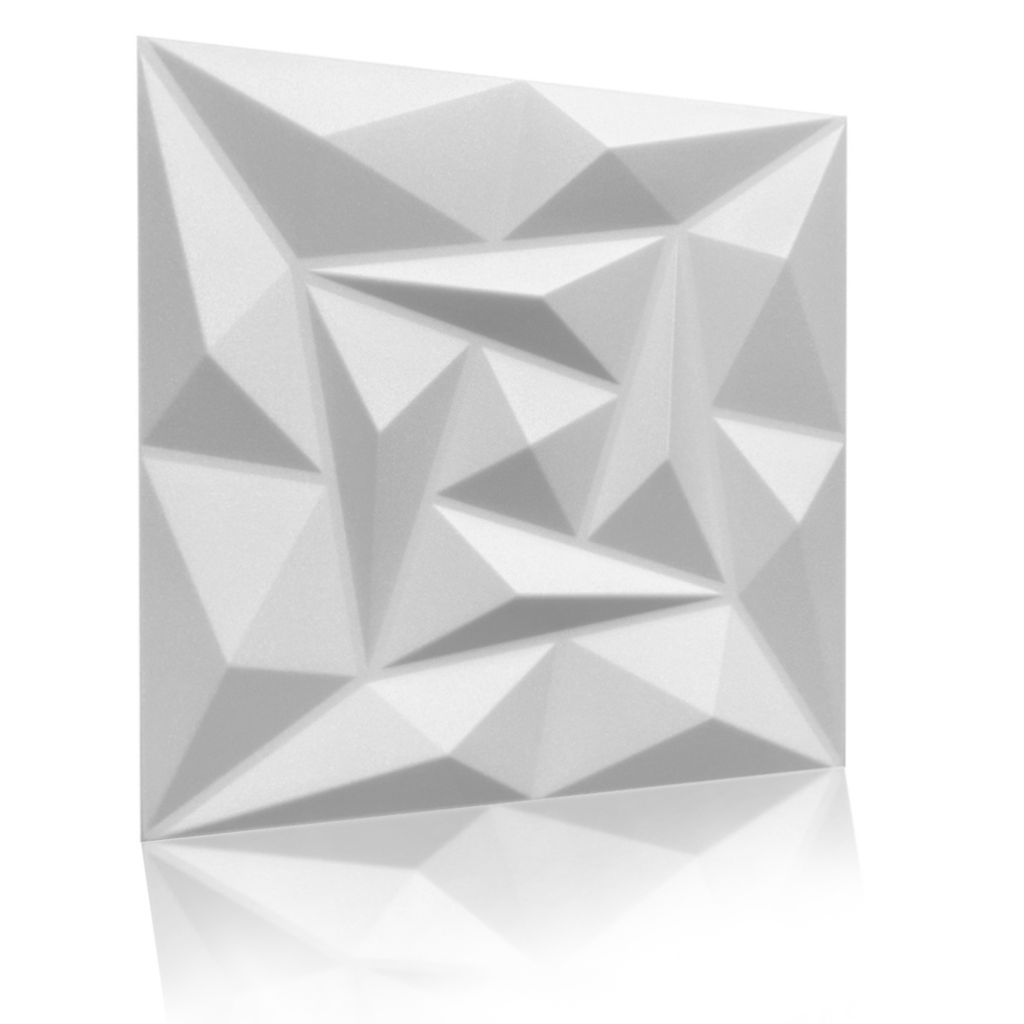 A white 3D wall panel with geometric facets, shown in a studio shot with a reflection below.