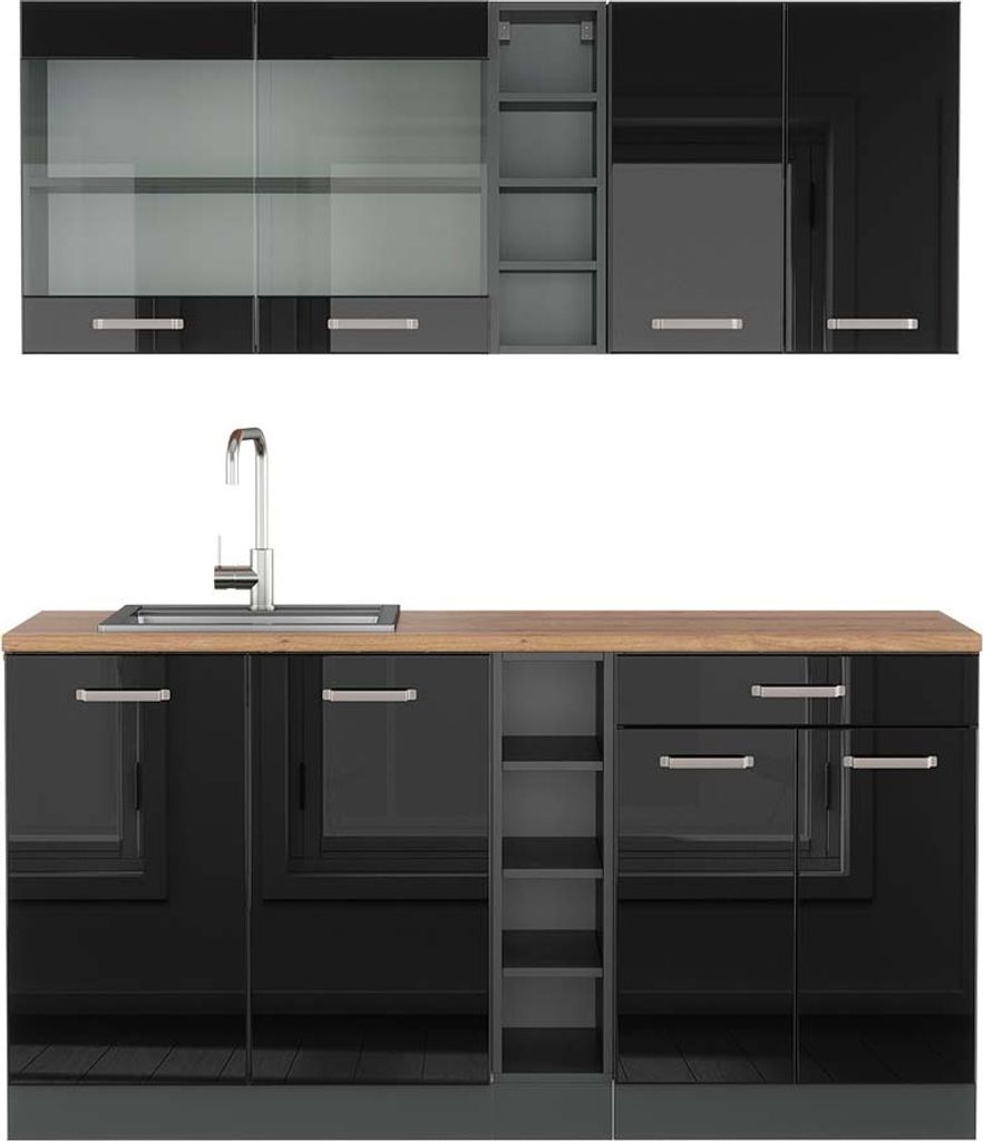 Singleküche Vicco R-Line Schwarz Hochglanz/Anthrazit 160 cm , AP Eiche, Model 43089