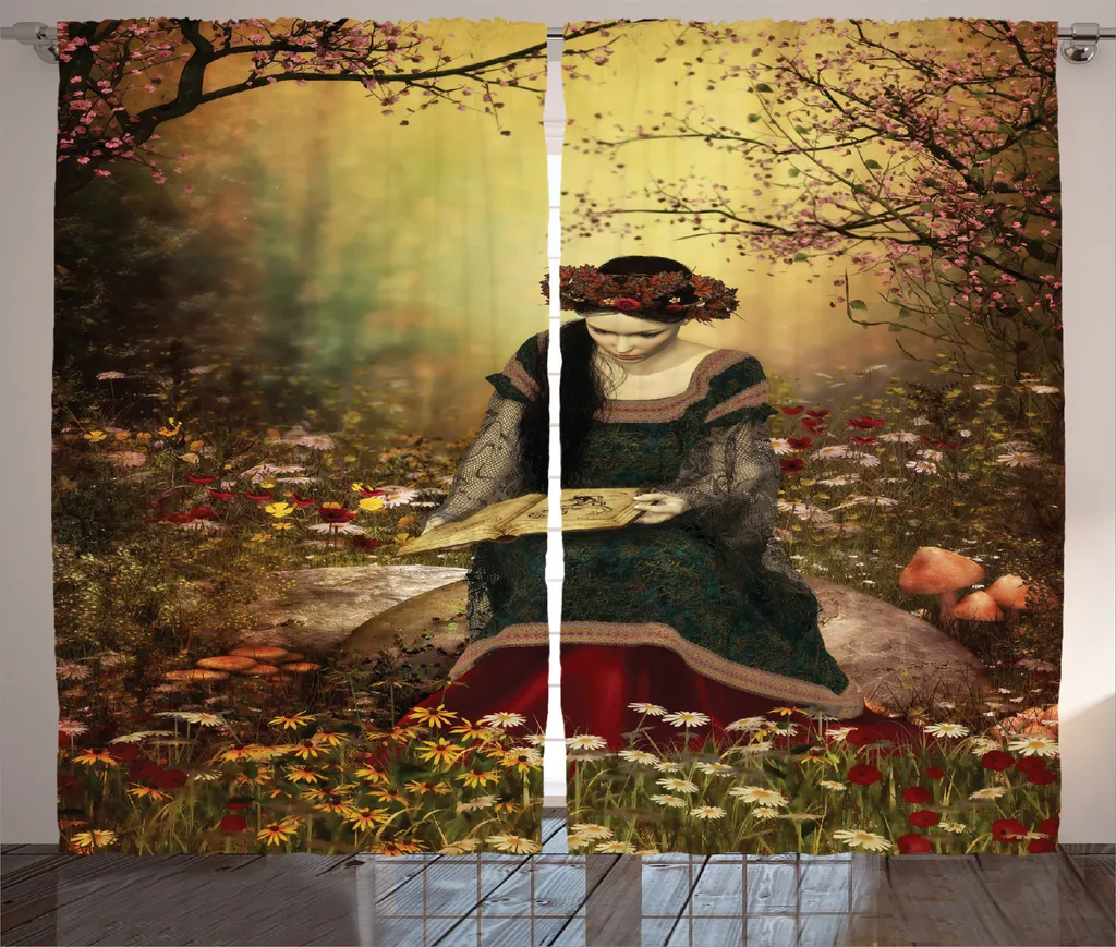 ABAKUHAUS Tenda rustica medievale, donna con libro, soggiorno Nastro universale Tende con passanti e ganci, 280 x 175 cm, multicolore