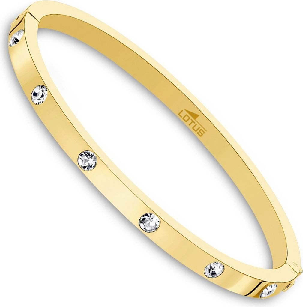 A gold-colored bracelet with clear stones, presented on a white background.